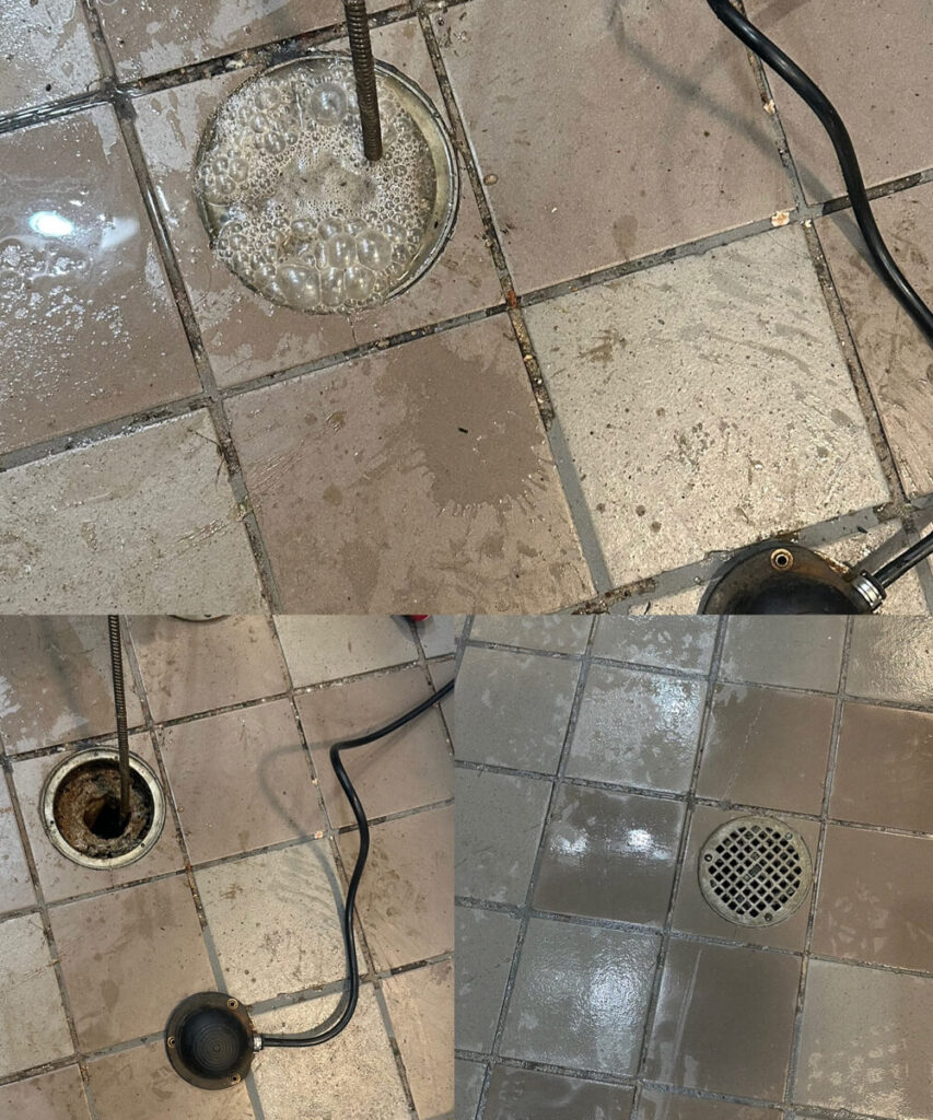 A sequence of photos shows a floor drain undergoing hydro jet sewer cleaning
